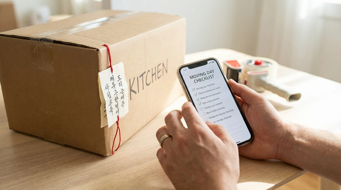 Smartphone checklist beside moving boxes to represent practical screening of lucky moving dates and timing readiness in 2026