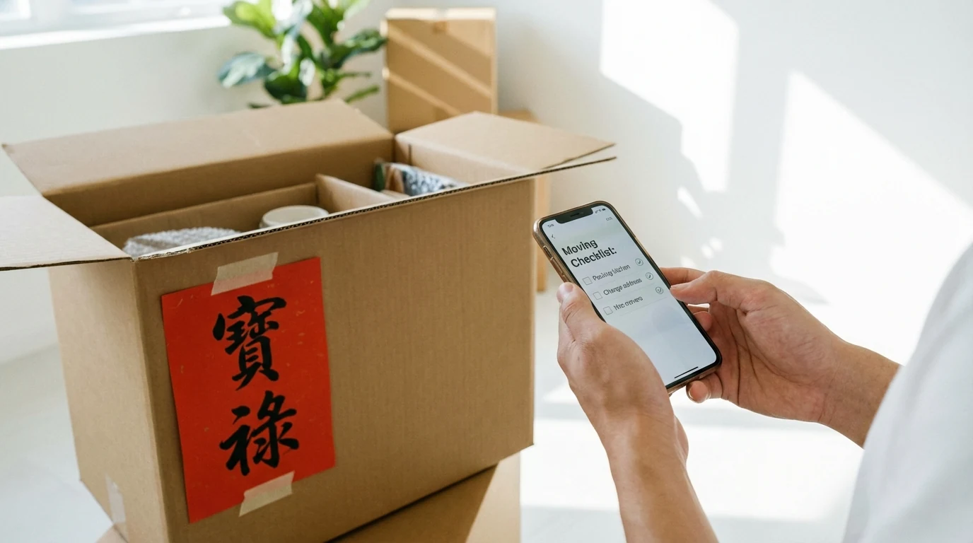 이사 체크리스트가 열린 화면과 박스가 함께 놓여 있어 2026년 손 없는 날과 실전 일정 점검 기준을 보여주는 이미지