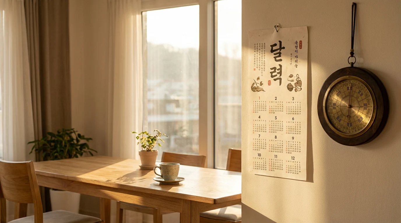 Korean traditional compass and calendar arranged together to show how moving direction and lucky dates should be judged as one decision