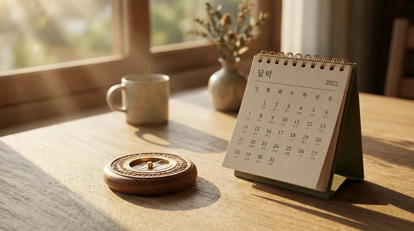전통 나침반과 달력이 함께 놓인 장면으로 2026년 이사 방향과 손 없는 날을 함께 판단하는 흐름을 보여주는 이미지
