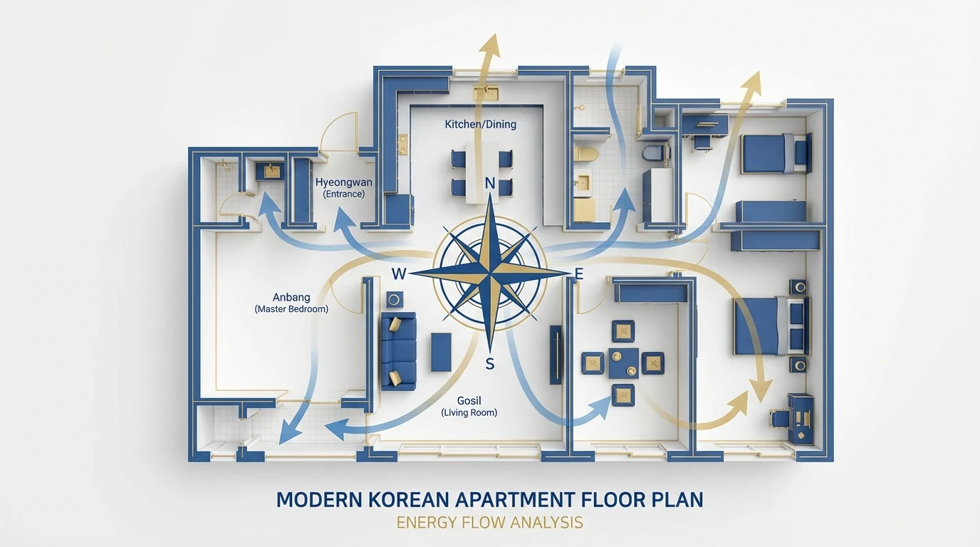 House floor plan with marked furniture layout illustrating how to avoid Daejanggun and Samsal directions in a practical feng shui review