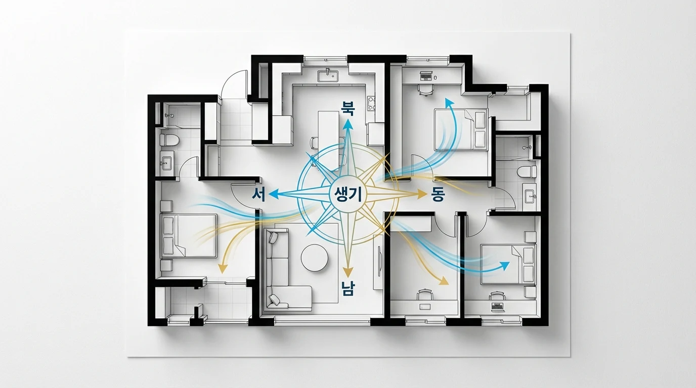 아파트 평면도와 가구 배치 표시를 보며 대장군방과 삼살방을 피하는 동선을 검토하는 풍수 분석 이미지
