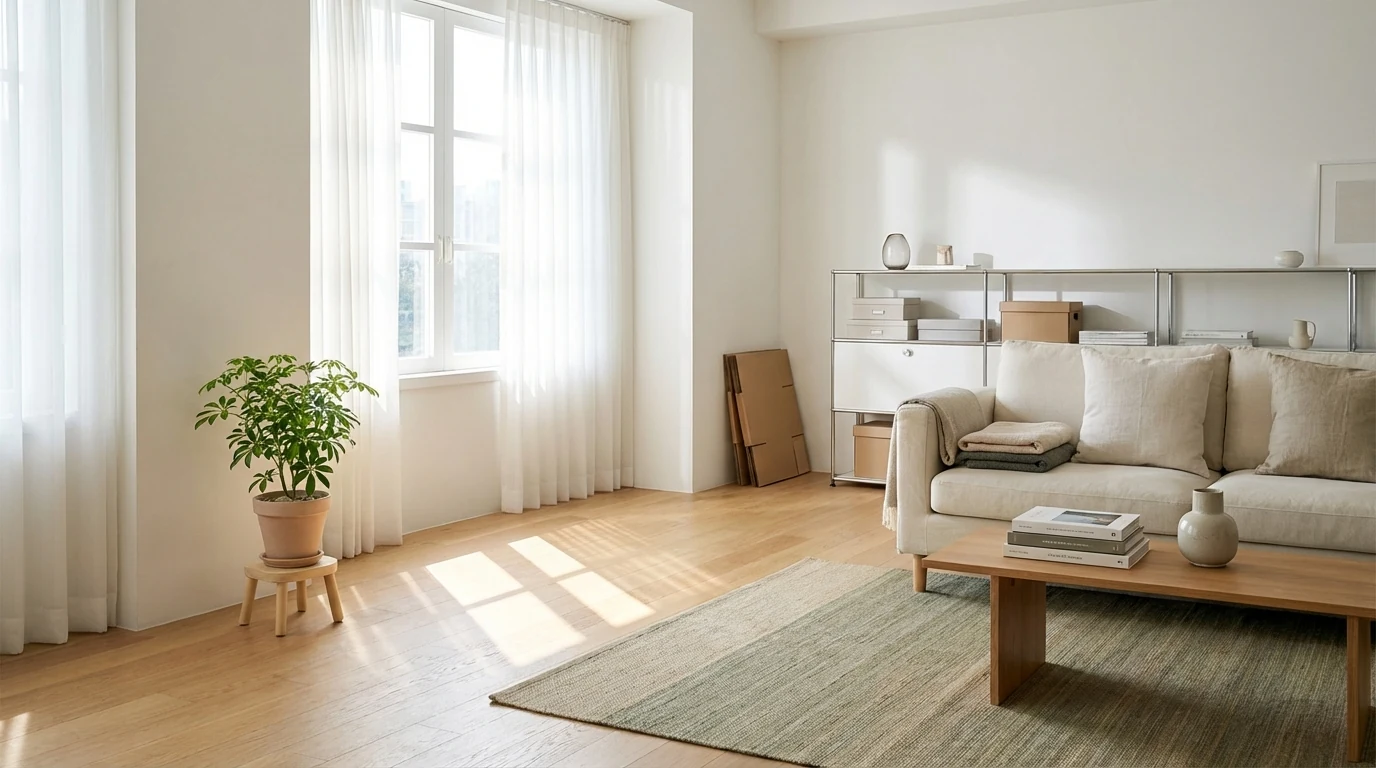 밝게 정돈된 거실과 식물이 보이는 실내 장면으로 병오년 이사운을 높이는 정리와 공간 흐름을 표현한 이미지
