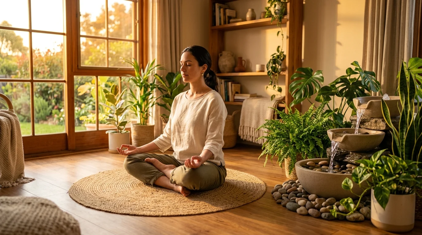 Person meditating in warm sunlight to express balance and softer circulation for excess Metal in Saju