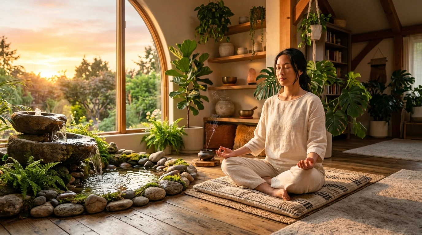 따뜻한 햇빛 아래 명상하는 인물로 금 기운을 부드럽게 순환시키는 균형 감각을 표현한 이미지