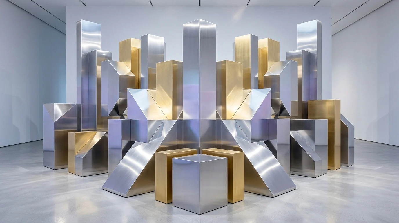 은색 금속 구조물이 겹겹이 배열된 추상 이미지로 사주 금 기운의 단단함과 선명함을 표현한 장면