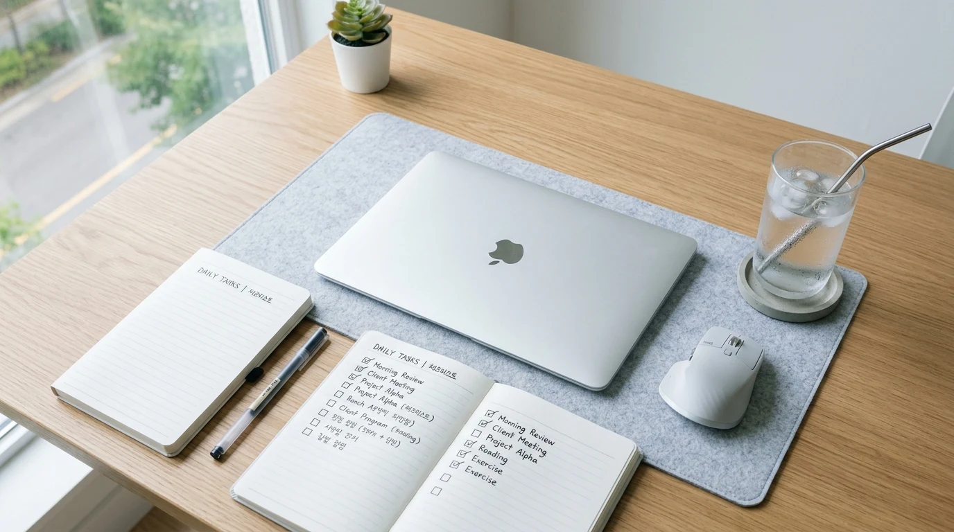 정돈된 미니멀 책상 위 도구와 노트가 가지런히 놓인 모습으로 금 과다 사주의 자기관리 성향을 보여주는 이미지
