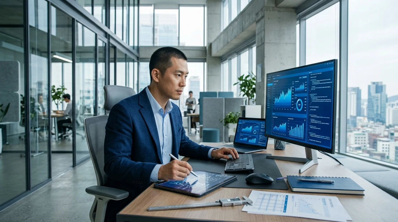 Professional reviewing documents in a modern office to represent the precision and career focus of strong Metal in Saju