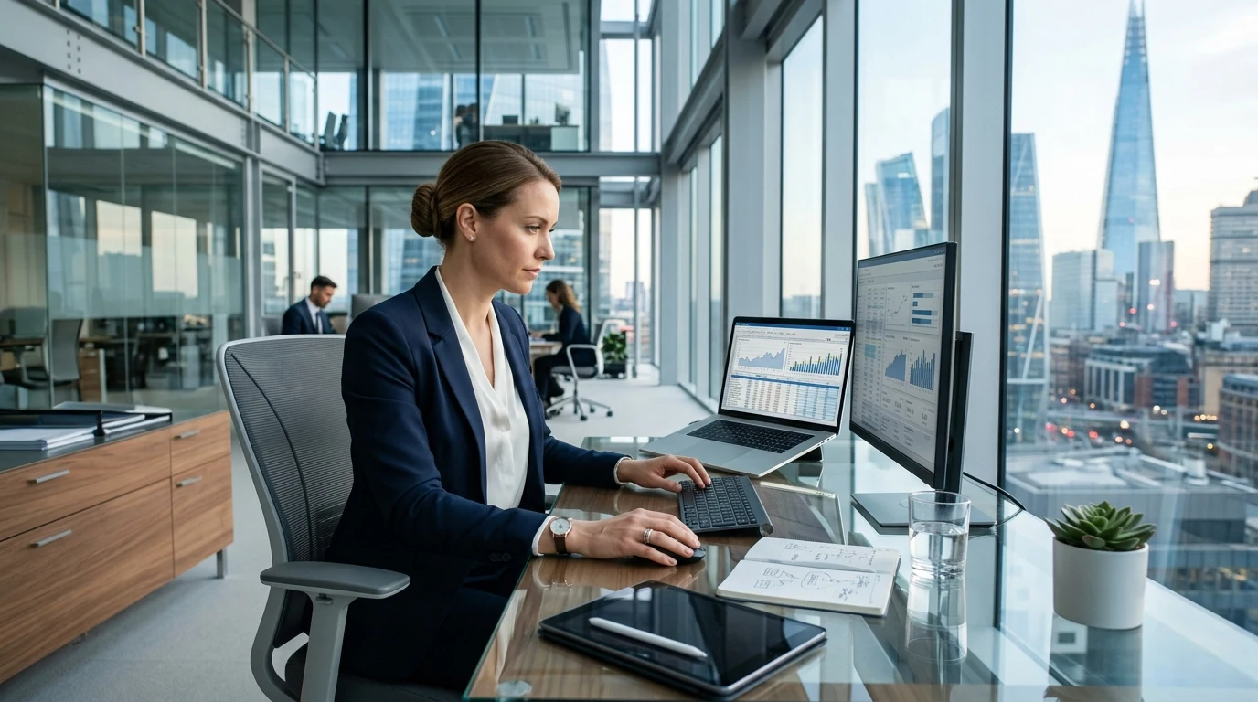 현대 사무실에서 서류를 검토하는 전문가 모습으로 금 기운이 강한 사주의 정확성과 직업 성향을 보여주는 이미지